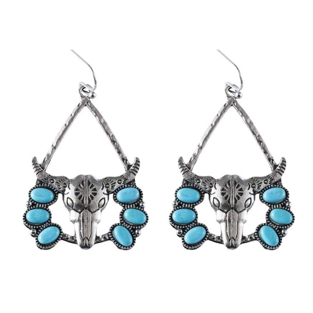 Turquoise and Silver Bull Skull Earrings